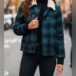 BDG Urban Outfitters Sherpa Collar Plaid Jacket Blue Black Wool Blend